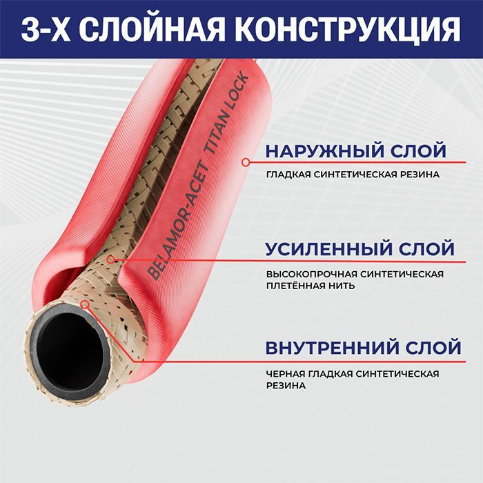 Рукав ацетиленовый «BELOMOR-ACET», красный, вн. диам. 10мм, 20bar, TL010BM-ACL TITAN LOCK
